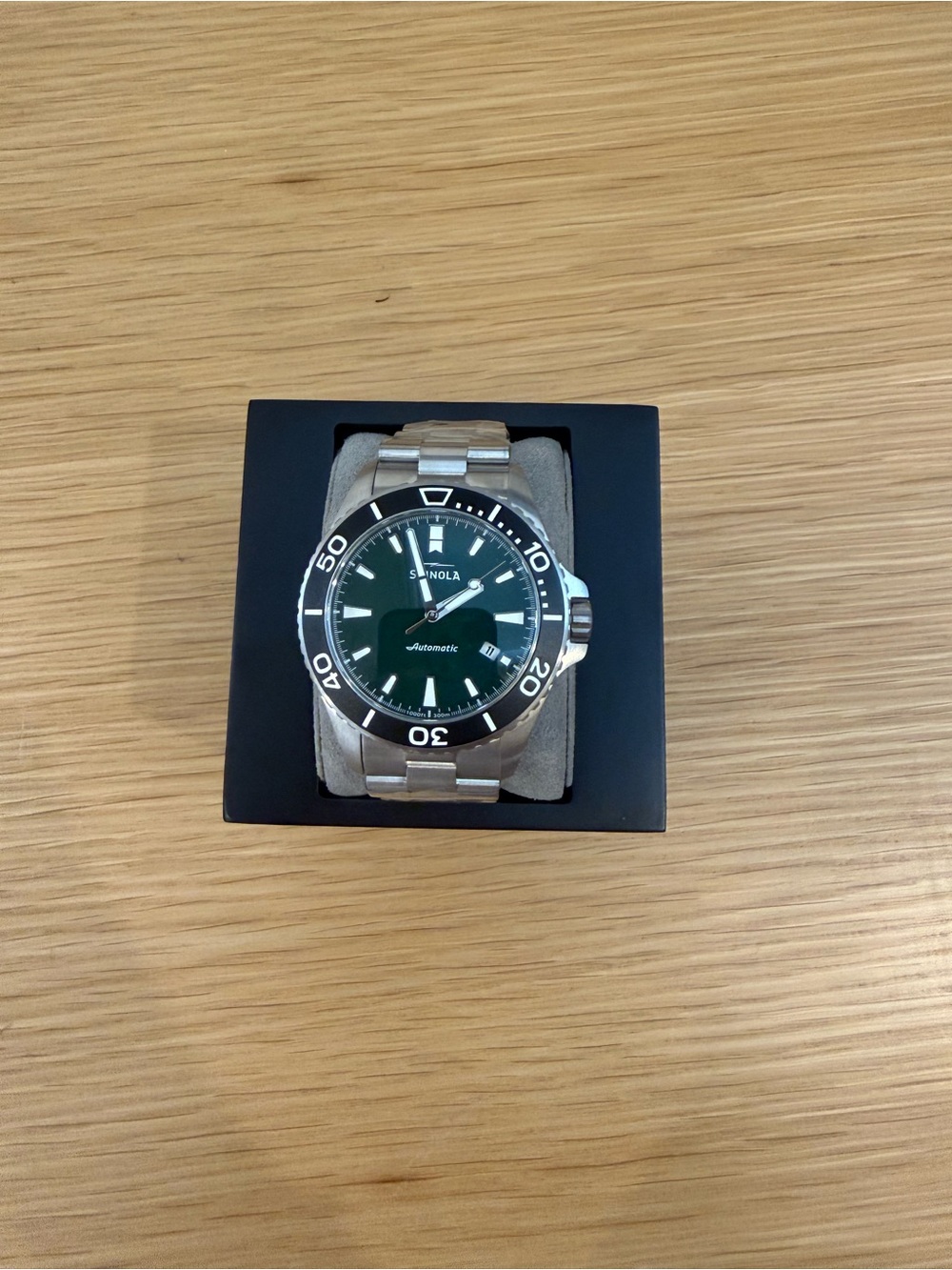 Shinola Stainless Steel Watch with Dark Green Dial and Black Bezel